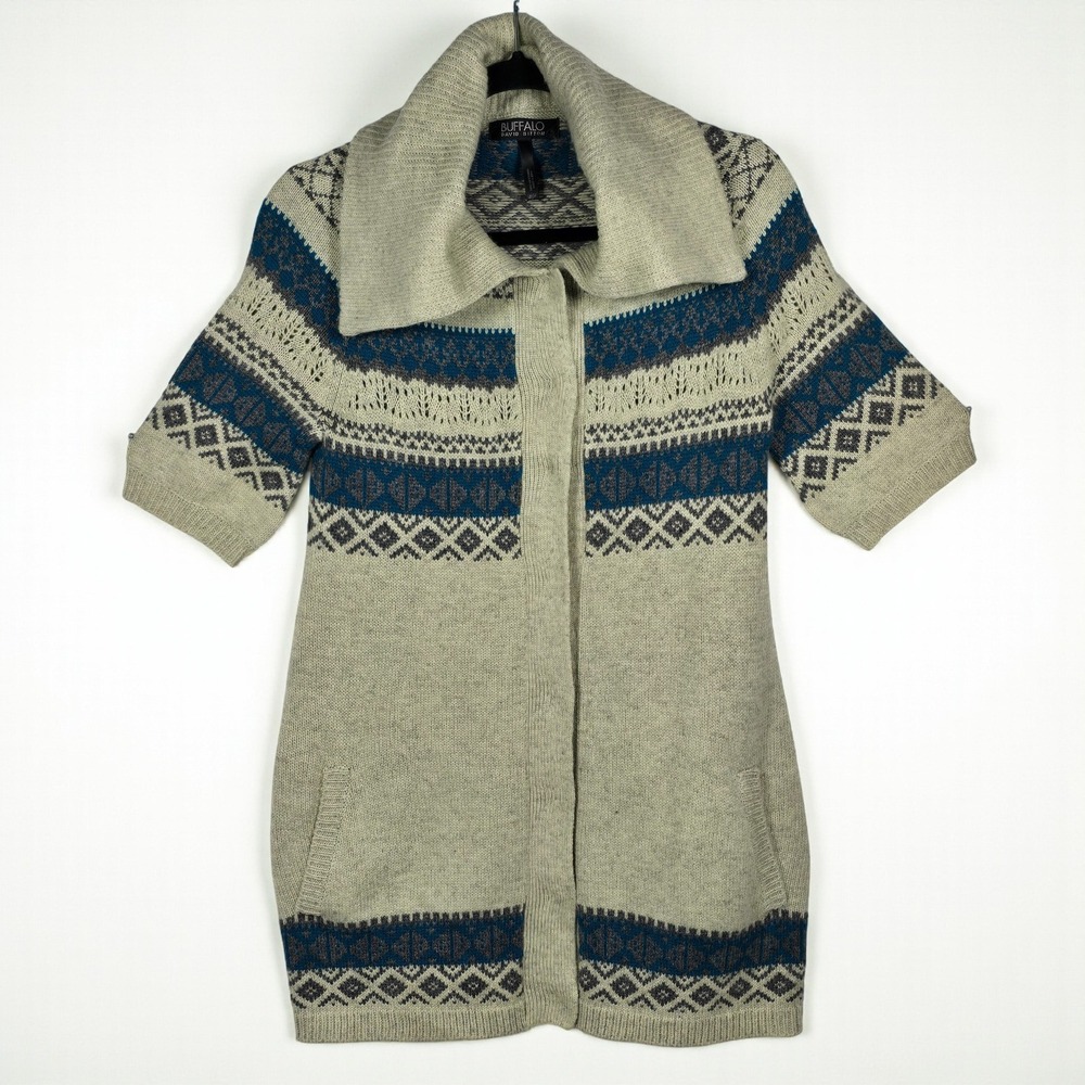 Buffalo David Bitton Angora Blend Fair Isle Cardigan Sweater Women Small Gray